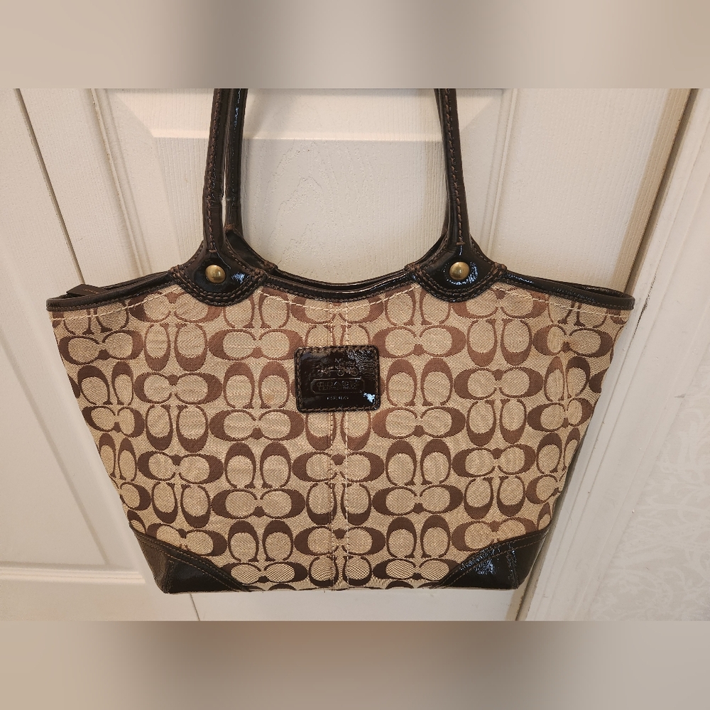 Coach 12369 Bleecker Khaki Jacquard Sig C with Brown Leather Trim Tote Bag Purse - Picture 1 of 7